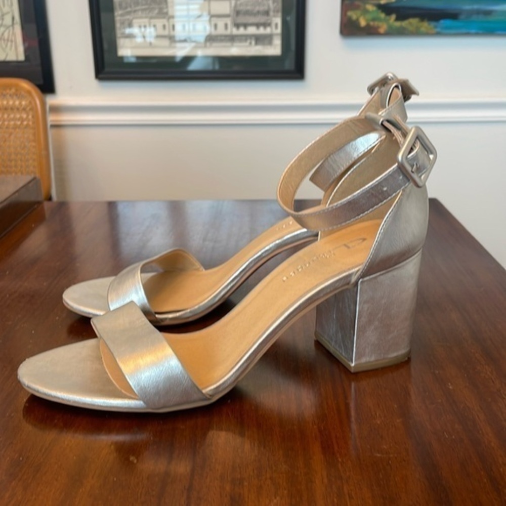 🥡 CL by Laundry Silver ankle strap, single strap block, heel sandals